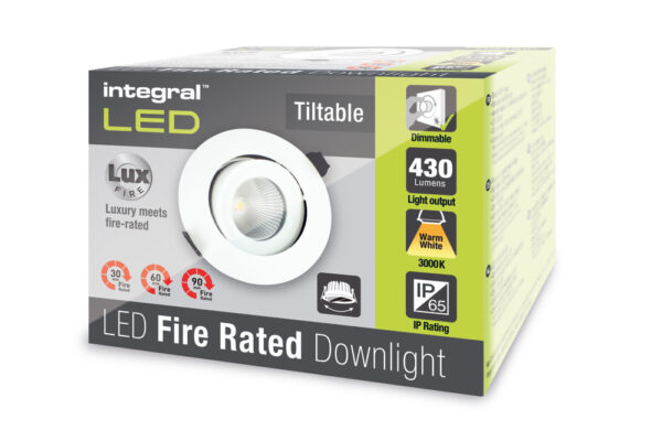 Integral LED ILDLFR92C001 Luxfire Fire Rated Tiltable Downlight – IP65 430lm 6W 3000K 30° – Matt White