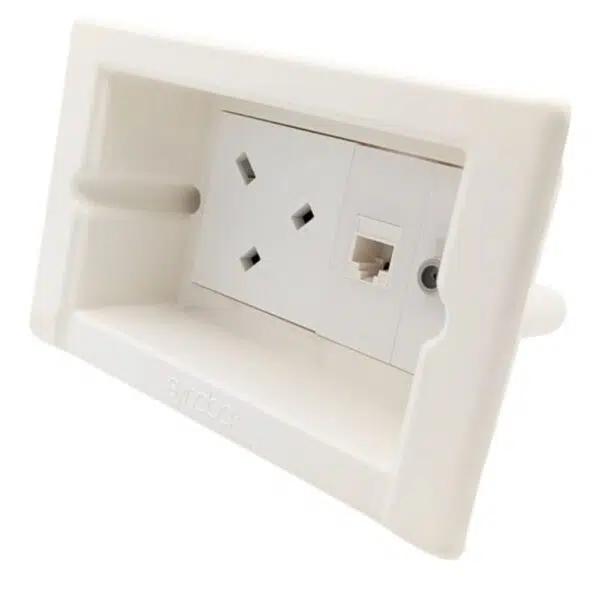 Syncbox SB-Smart recessed wall socket with Freeview, Ethernet, and power – clean TV and AV cable management solution.