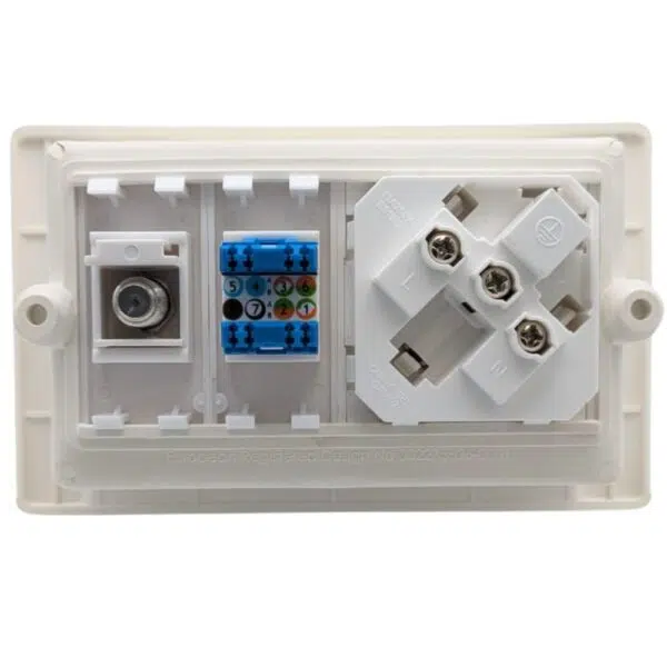 Syncbox SB-Smart recessed wall socket with Freeview, Ethernet, and power – clean TV and AV cable management solution.