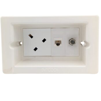 Syncbox SB-Smart recessed wall socket with Freeview, Ethernet, and power – clean TV and AV cable management solution.
