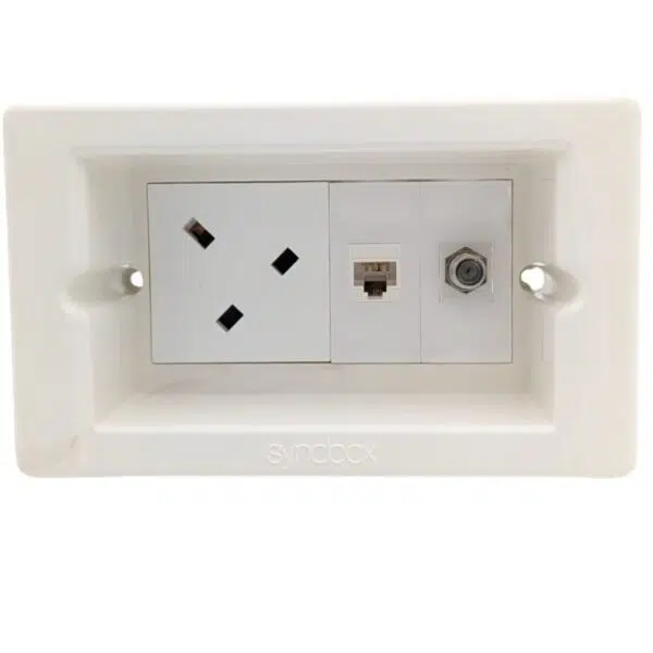 Syncbox SB-Smart recessed wall socket with Freeview, Ethernet, and power – clean TV and AV cable management solution.