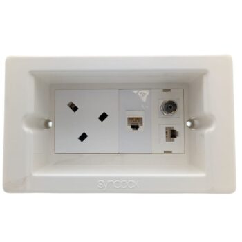 Syncbox SB-004 flush socket kit with 13A angled socket, CAT6 data ports, satellite connector, and recessed white cover for modern home setups.