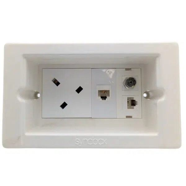 Syncbox SB-004 flush socket kit with 13A angled socket, CAT6 data ports, satellite connector, and recessed white cover for modern home setups.