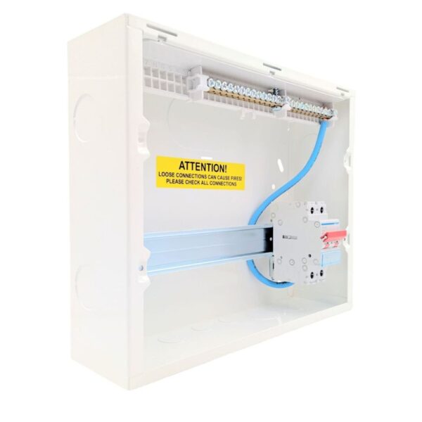 Hager VML110RK 10 Way Main Switch Consumer Unit with 100A switch disconnector, multiple knockouts, and Amendment 3 compliance for safe and efficient installations.
