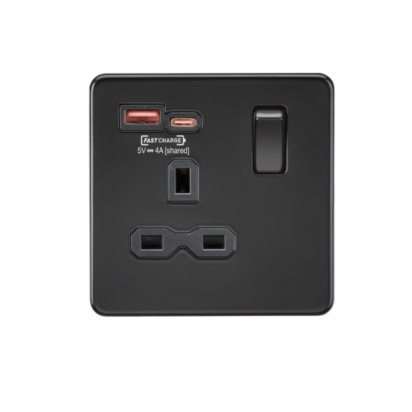 Knightsbridge SFR9919MBB 13A 1 Gang Switched Socket with A+C USB