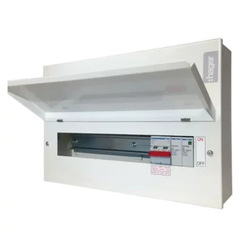 Hager VML118SPDRK 18 Way Main Switch SPD Consumer Unit, featuring a 100A main switch and Type 2 SPD, designed with round knockouts for flexible cable entry. Unlike the VML118SPD, this version does not include a gland.