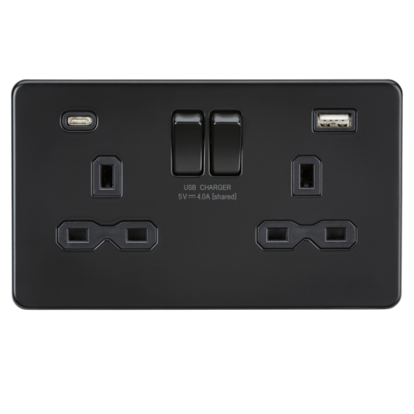 Knightsbridge SFR9940MBB 13A 2 Gang Switched Socket with A+C USB