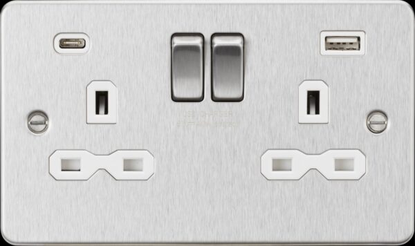 Knightsbridge FPR9940BCW Switched Socket with Dual USB A+C - Brushed Chrome with White Insert