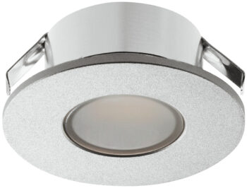 Hafele 83372041 Loox 12V IP44 LED Downlight, 1.5W, 4000K Cool White, aluminium housing, 35mm diameter, dimmable, 105 lumens, press-fit installation, 2m lead, Silver Anodised finish.