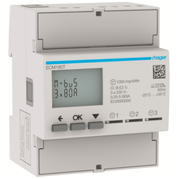 Hager ECM180D Hager 1 Phase kWhmeter Direct 80A 2M MBUS MID