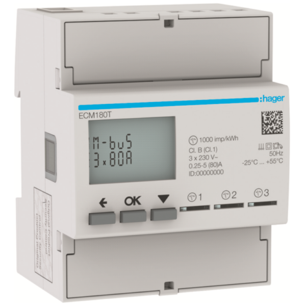Hager ECM180D Hager 1 Phase kWhmeter Direct 80A 2M MBUS MID
