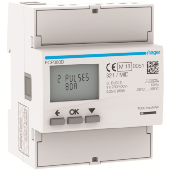 Hager ECP380D Hager 3 Phase kWhmeter Direct 80A 4M S0 MID
