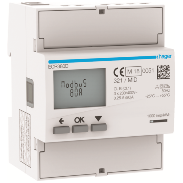 Hager ECR380D Hager 3 Phase kWhmeter Direct 80A 4M MODBUS MID