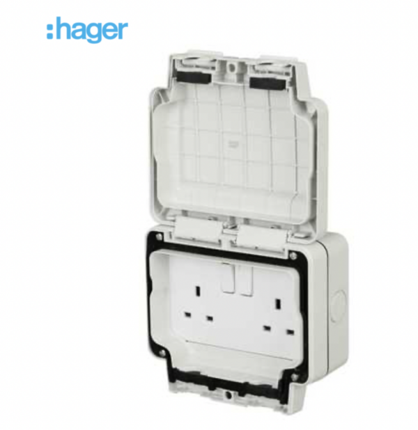 Hager WXPSS82 Hager Sollysta 13A IP66 2 Gang Switched Outdoor Socket - Light Grey 1
