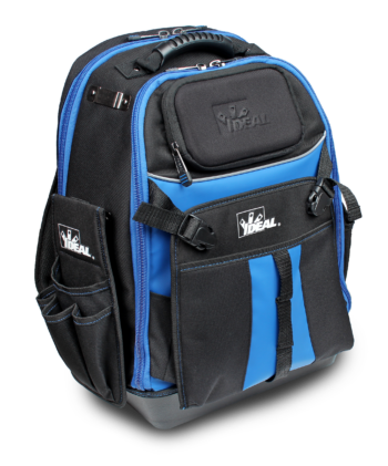 IDEAL 37-000 Pro Series Dual Compartment Tool Backpack, 18 Pockets, Drill Holster, Laptop Pocket, Protective Case, Rugged Bottom, Padded Straps.