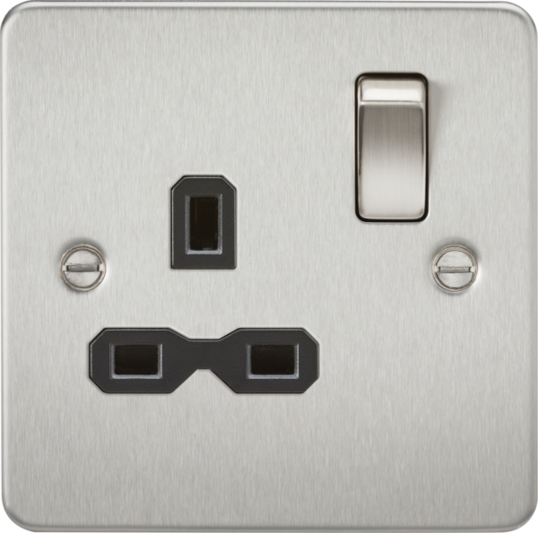 Knightsbridge FPR7000BC Knightsbridge Flat Plate 13A 1G DP Switched Socket - Brushed Chrome With Black Insert