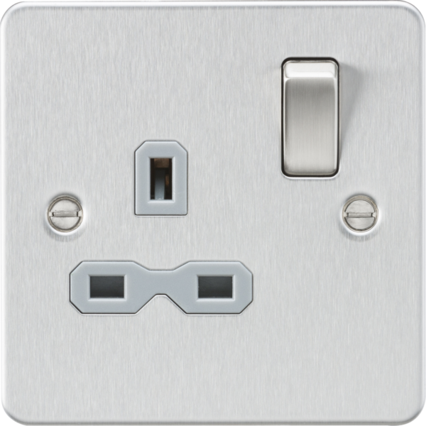 Knightsbridge FPR7000BCG Knightsbridge Flat plate 13A 1G DP Switched Socket - Brushed Chrome With Grey Insert