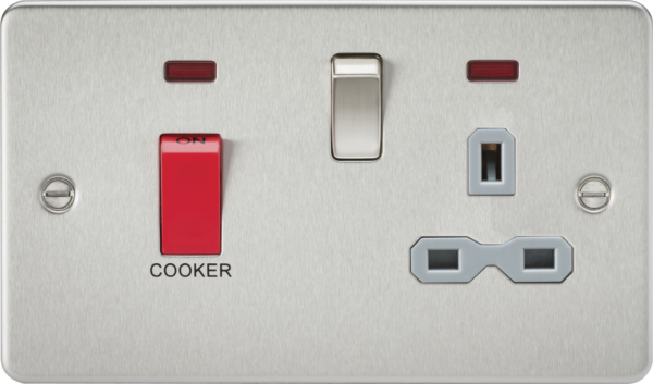 Knightsbridge FPR8333NBCG Knightsbridge Flat Plate 45A DP Switch and 13A Switched Socket with Neon - Brushed Chrome with Grey Insert