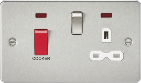 Knightsbridge FPR8333NBCW Knightsbridge Flat Plate 45A DP Switch and 13A Switched Socket with Neon - Brushed Chrome with White Insert