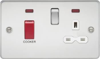 Knightsbridge FPR8333NPCW Knightsbridge Flat Plate 45A DP Switch and 13A Switched Socket with Neon - Polished Chrome with White Insert