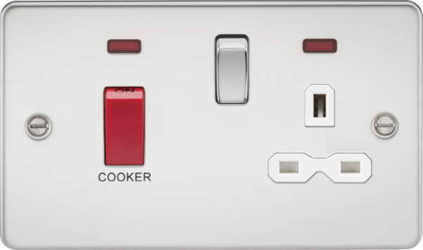 Knightsbridge FPR8333NPCW Knightsbridge Flat Plate 45A DP Switch and 13A Switched Socket with Neon - Polished Chrome with White Insert