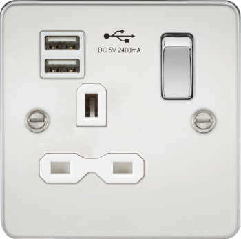 Knightsbridge FPR9124PCW Knightsbridge FPR9124PCW Flat Plate 13A 1 Gang Switched Socket with USB - Polished Chrome with White Insert