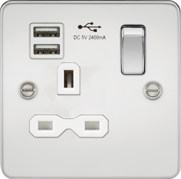 Knightsbridge FPR9124PCW Knightsbridge FPR9124PCW Flat Plate 13A 1 Gang Switched Socket with USB - Polished Chrome with White Insert