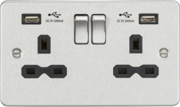 Knightsbridge FPR9224BC Knightsbridge FPR9224BC 13A 2 Gang Switched Socket with Dual USB - Brushed Chrome with Black Insert