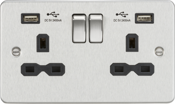 Knightsbridge FPR9224BC Knightsbridge FPR9224BC 13A 2 Gang Switched Socket with Dual USB - Brushed Chrome with Black Insert