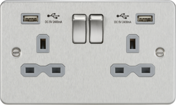 Knightsbridge FPR9224BCG Knightsbridge FPR9224BCG 13A 2 Gang Switched Socket with Dual USB Charger - Brushed Chrome with Grey Insert
