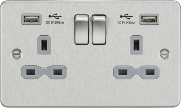 Knightsbridge FPR9224BCG Knightsbridge FPR9224BCG 13A 2 Gang Switched Socket with Dual USB Charger - Brushed Chrome with Grey Insert