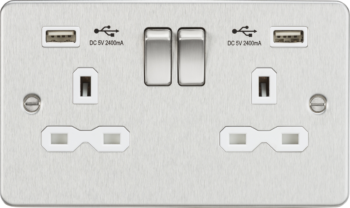 Knightsbridge FPR9224BCW Knightsbridge FPR9224BCW 13A Gang Switched Socket with Dual USB - Brushed Chrome with White Insert