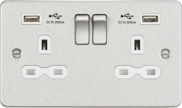 Knightsbridge FPR9224BCW Knightsbridge FPR9224BCW 13A Gang Switched Socket with Dual USB - Brushed Chrome with White Insert