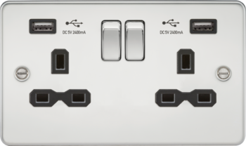 Knightsbridge FPR9224PC Knightsbridge 13A 2G Switched Socket with Dual USB Charger A + A (2.4A) - Polished Chrome with Black Insert