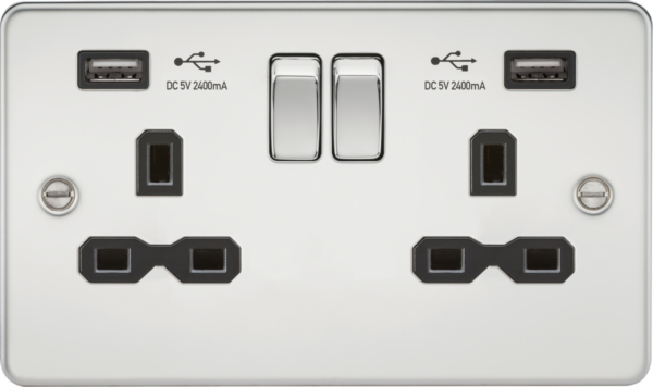 Knightsbridge FPR9224PC Knightsbridge 13A 2G Switched Socket with Dual USB Charger A + A (2.4A) - Polished Chrome with Black Insert