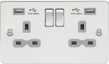 Knightsbridge FPR9224PCG Knightsbridge 13A 2G Switched Socket with Dual USB Charger A + A (2.4A) - Polished Chrome with Grey Insert