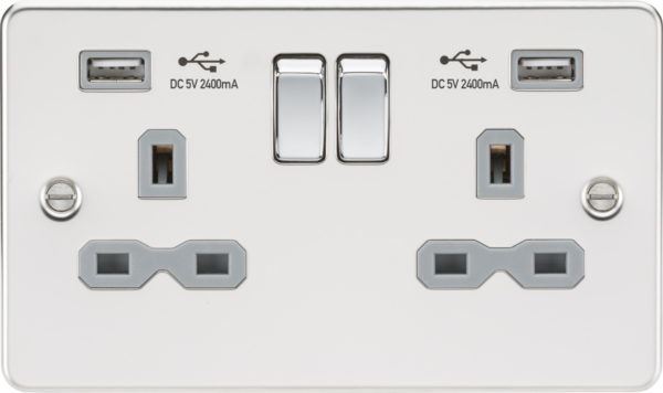 Knightsbridge FPR9224PCG Knightsbridge 13A 2G Switched Socket with Dual USB Charger A + A (2.4A) - Polished Chrome with Grey Insert