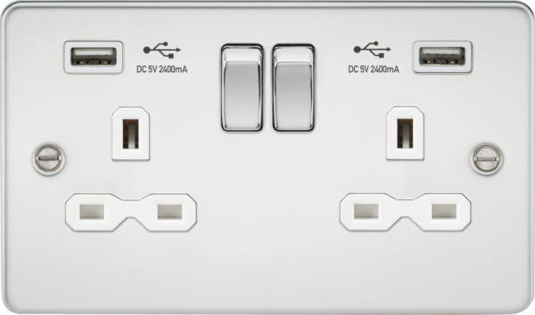 Knightsbridge FPR9224PCW Knightsbridge 13A 2G Switched Socket with Dual USB Charger A + A (2.4A) - Polished Chrome with White Insert