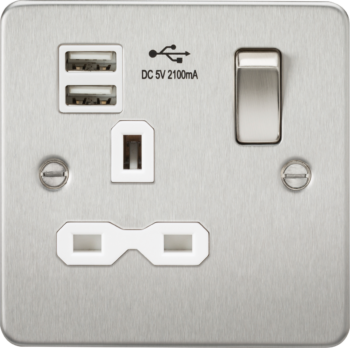 Knightsbridge FPR9901BCW Knightsbridge Flat Plate 13A 1G Switched Socket with Dual USB Charger (2.1A) - Brushed Chrome with White Insert