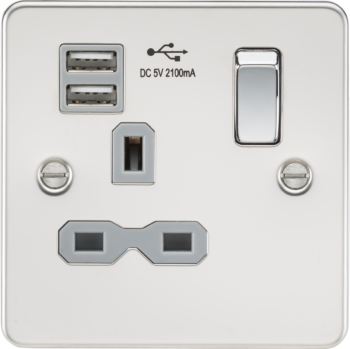 Knightsbridge FPR9901PCG Knightsbridge Flat Plate 13A 1G Switched Socket with Dual USB Charger (2.1A) - Polished Chrome with Grey Insert