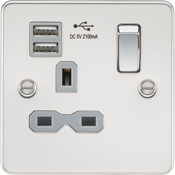 Knightsbridge FPR9901PCG Knightsbridge Flat Plate 13A 1G Switched Socket with Dual USB Charger (2.1A) - Polished Chrome with Grey Insert
