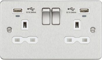 Knightsbridge FPR9904NBCW Knightsbridge Flat Plate 13A 2G Switched Socket with USB Chargers (2.4A) - Brushed Chrome with White Insert