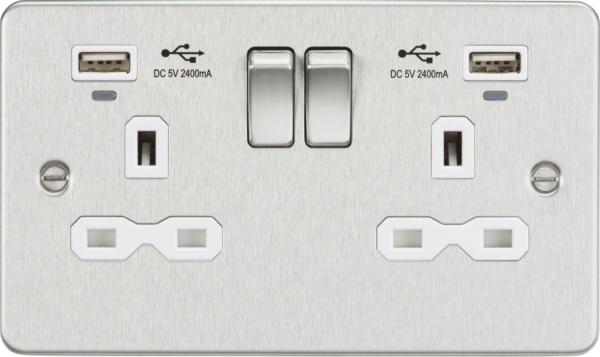 Knightsbridge FPR9904NBCW Knightsbridge Flat Plate 13A 2G Switched Socket with USB Chargers (2.4A) - Brushed Chrome with White Insert