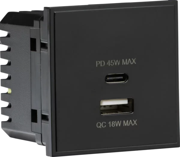 Knightsbridge NETUSBPDBK Knightsbridge Dual USB Charger A+C (18W QC / 45W USB-PD) 50 x 50mm - Black