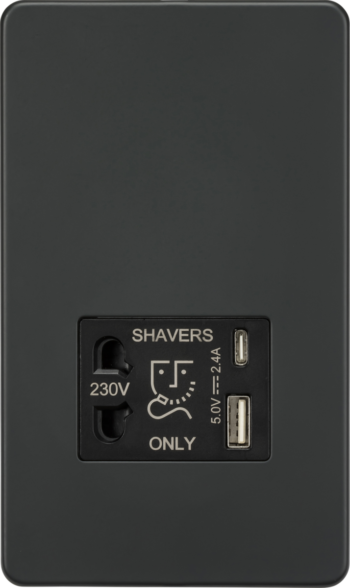 Knightsbridge SF8909AT Knightsbridge 230V Shaver Socket with Dual USB A+C (5V DC 2.4A shared) - Anthracite with Black Insert