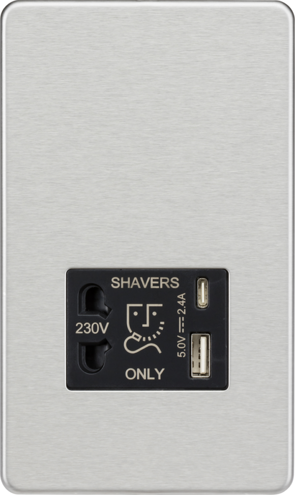 Knightsbridge SF8909BC Knightsbridge Shaver Socket with Dual USB A+C (5V DC 2.4A shared) - Brushed Chrome with Black Insert
