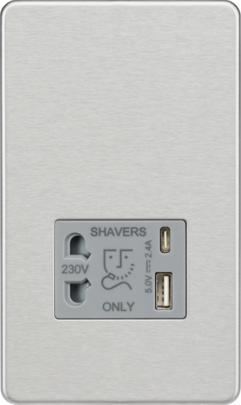 Knightsbridge SF8909BCG Knightsbridge Shaver Socket with Dual USB A+C (5V DC 2.4A shared) - Brushed Chrome with Grey Insert