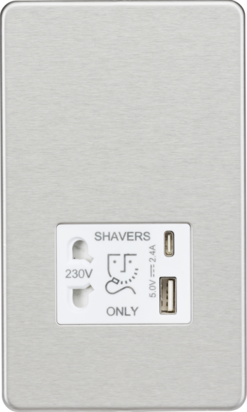 Knightsbridge SF8909BCW Knightsbridge Shaver Socket with Dual USB A+C (5V DC 2.4A shared) - Brushed Chrome with White Insert