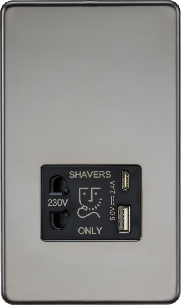 Knightsbridge SF8909BN Knightsbridge 230V Shaver Socket with Dual USB A+C (5V DC 2.4A shared) - Black Nickel with Black Insert
