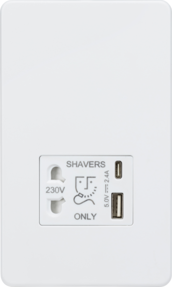 Knightsbridge SF8909MW Knightsbridge 230V Shaver Socket with Dual USB A+C (5V DC 2.4A shared) - Matt White with White Insert